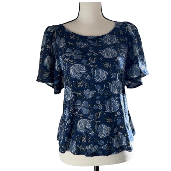 Lucky Brand Blue Mixed-Media Floral Top with Flutter Sleeves - Picture 1 of 9
